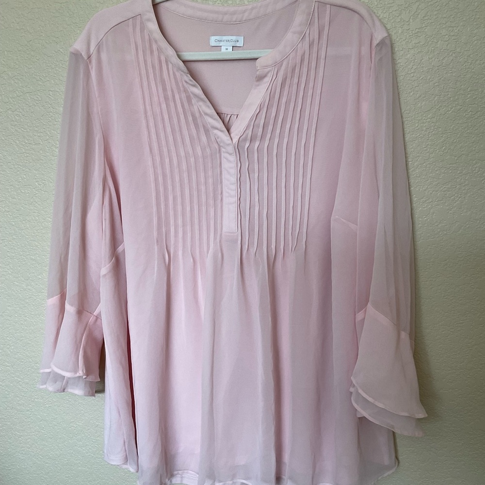 Charter club blush top. Pintucked neck,Armhole to armhole- 29in; length- 30.5in.